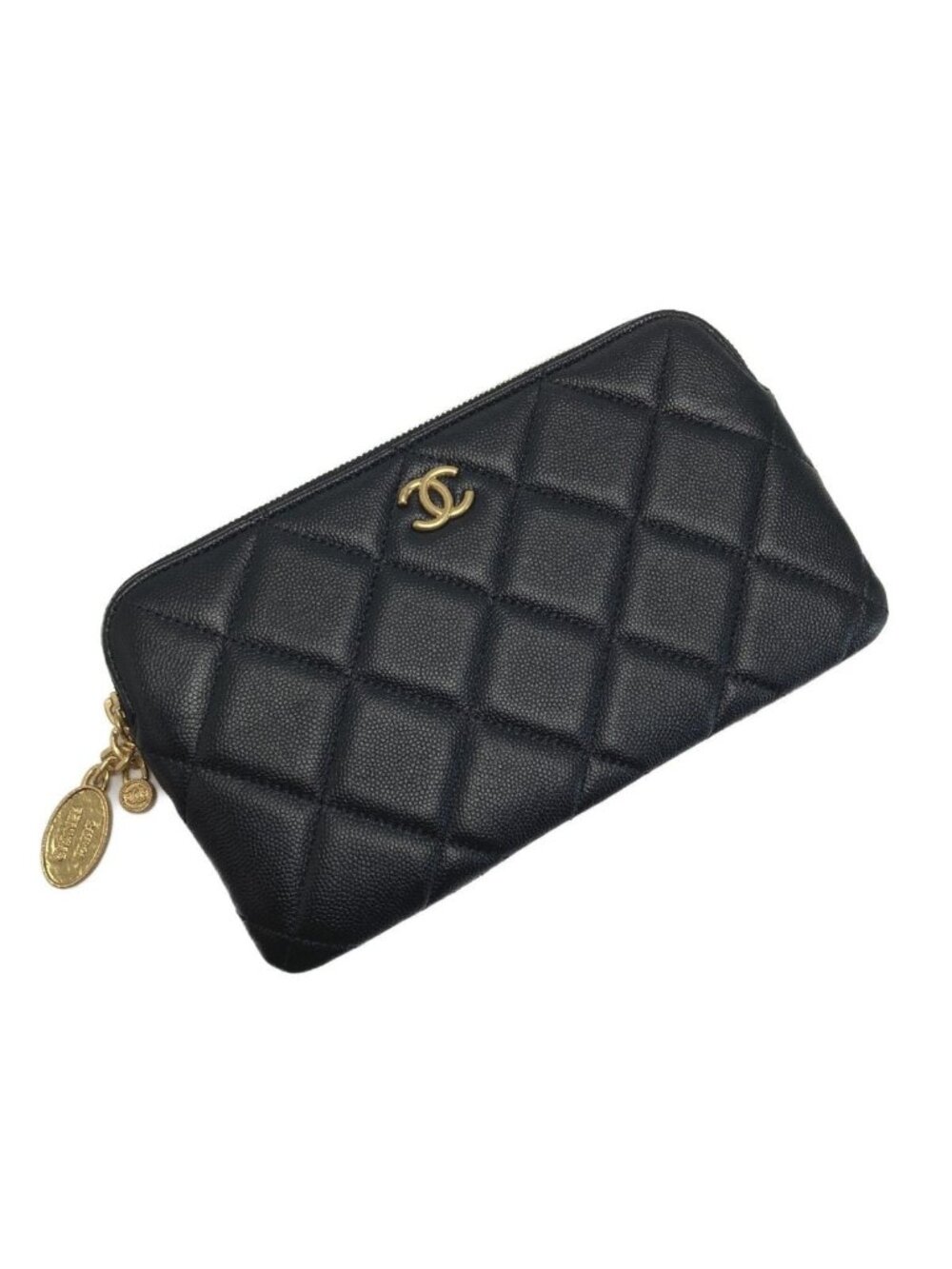 Chanel Coco Mark Quilted Pouch Black Caviar Leather Charm Clutch Bag